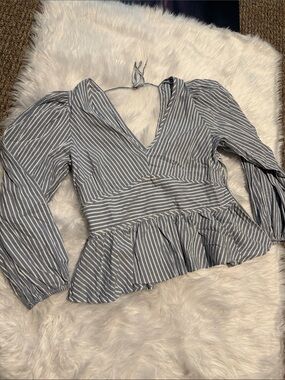WHBB V-Neck Peplum Long-Sleeve Top - Blue/White